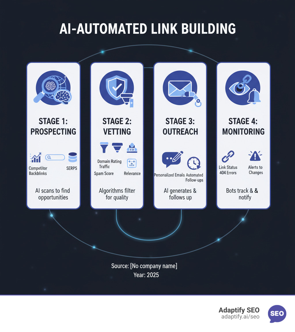 Infographic showing the four stages of AI-automated link building: Stage 1 - Prospecting (AI scans competitor backlinks, SERPs, and databases to find opportunities), Stage 2 - Vetting (Algorithms filter by Domain Rating, traffic, spam score, and relevance), Stage 3 - Outreach (AI generates personalized emails with automated follow-ups), Stage 4 - Monitoring (Bots track link status, catch 404 errors, and alert to changes) - AI link building automation infographic
