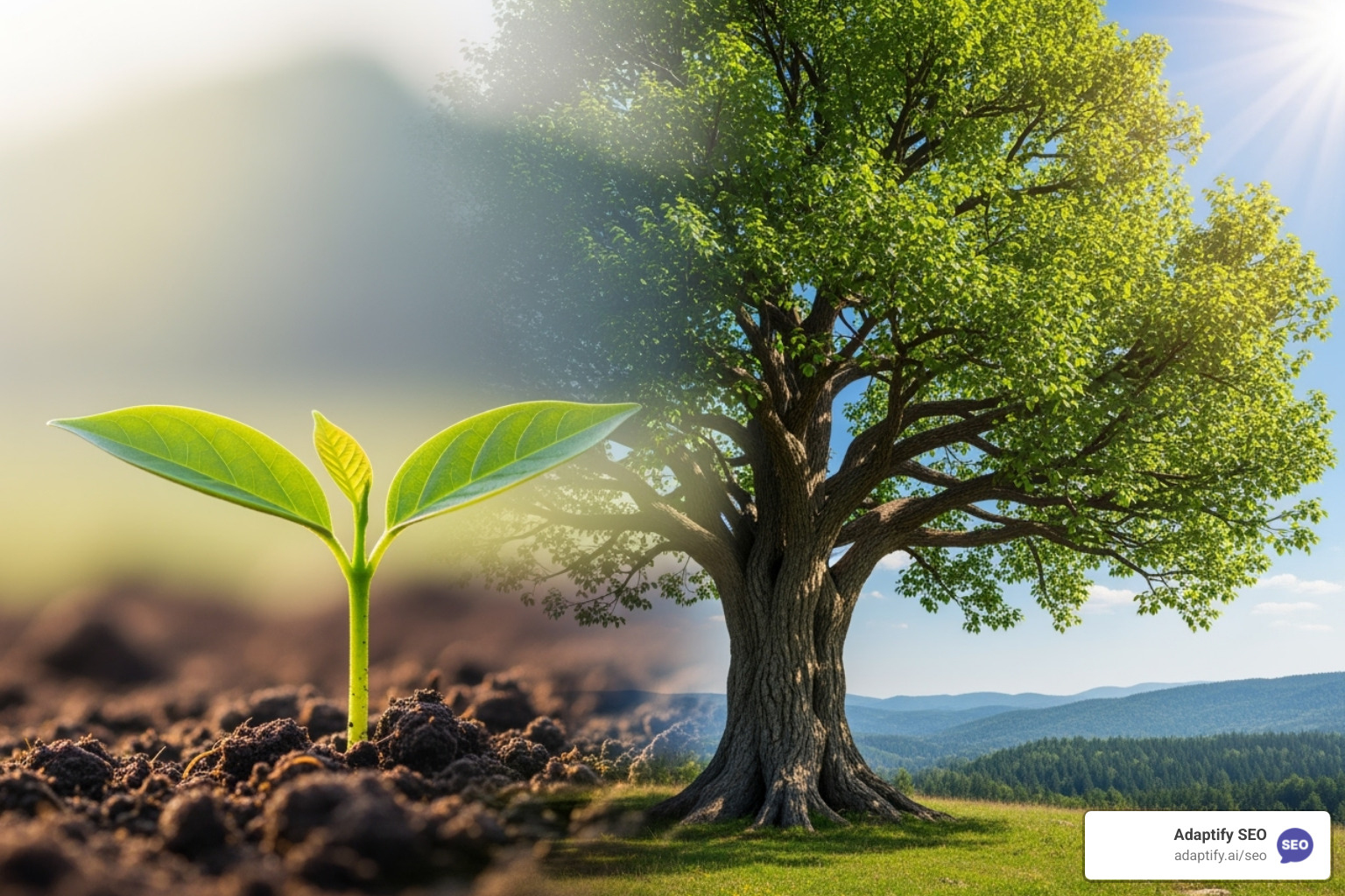 a small plant growing into a large, strong tree, symbolizing E-E-A-T growth over time - boost eeat with backlinks