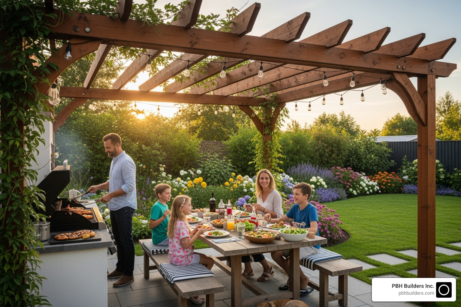 family enjoying a meal under a spacious wooden pergola - custom pergola builders near me