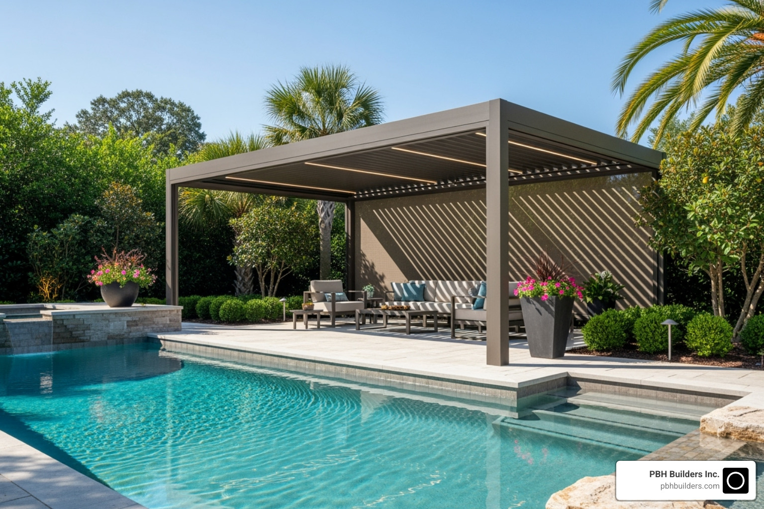 sleek, motorized louvered aluminum pergola next to a pool - custom pergola builders near me