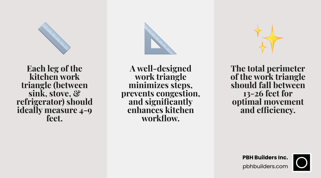 infographic explaining the kitchen work triangle concept with ideal dimensions between sink, stove, and refrigerator - distances should be 4-9 feet between each point, with a total triangle sum between 13-26 feet for optimal workflow efficiency - Kitchen remodel inspiration photos infographic 3_facts_emoji_grey
