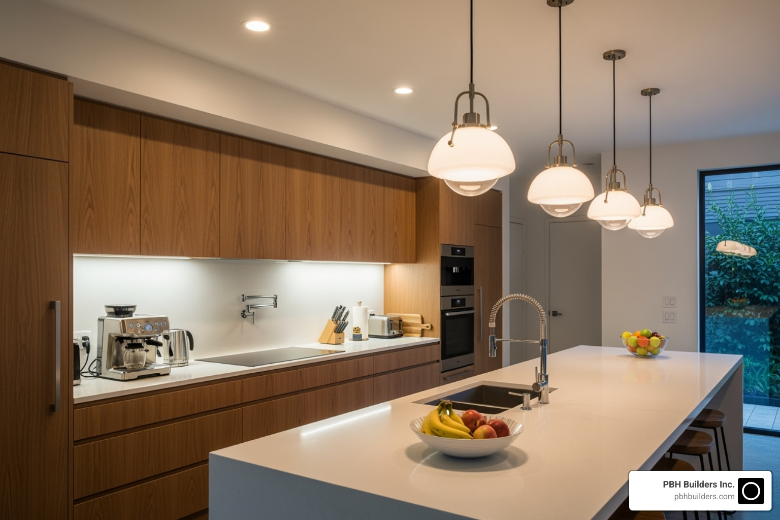 image of a modern kitchen with layered lighting, including under-cabinet and pendant lights - Kitchen remodel inspiration photos