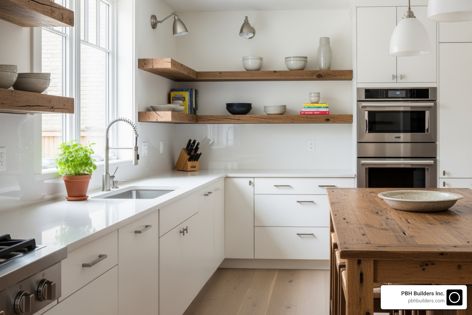 image of a kitchen mixing reclaimed wood shelves with glossy quartz countertops - Kitchen remodel inspiration photos