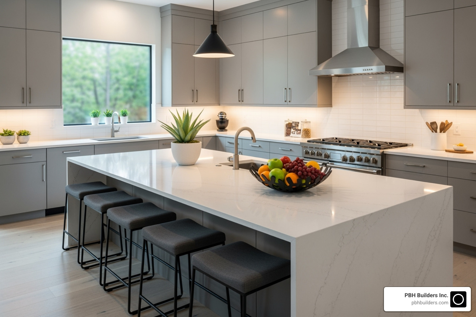 image of a kitchen with a large waterfall island and bar stool seating - Kitchen remodel inspiration photos