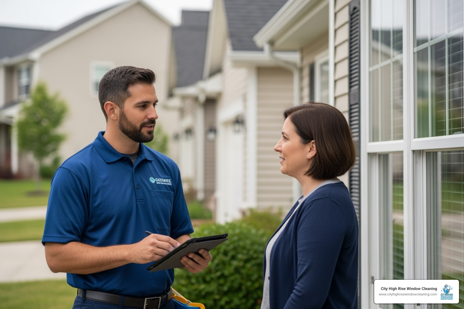 Professional providing an on-site estimate to a homeowner. - window cleaning services long island Professional providing an on-site estimate to a homeowner. - window cleaning services long island