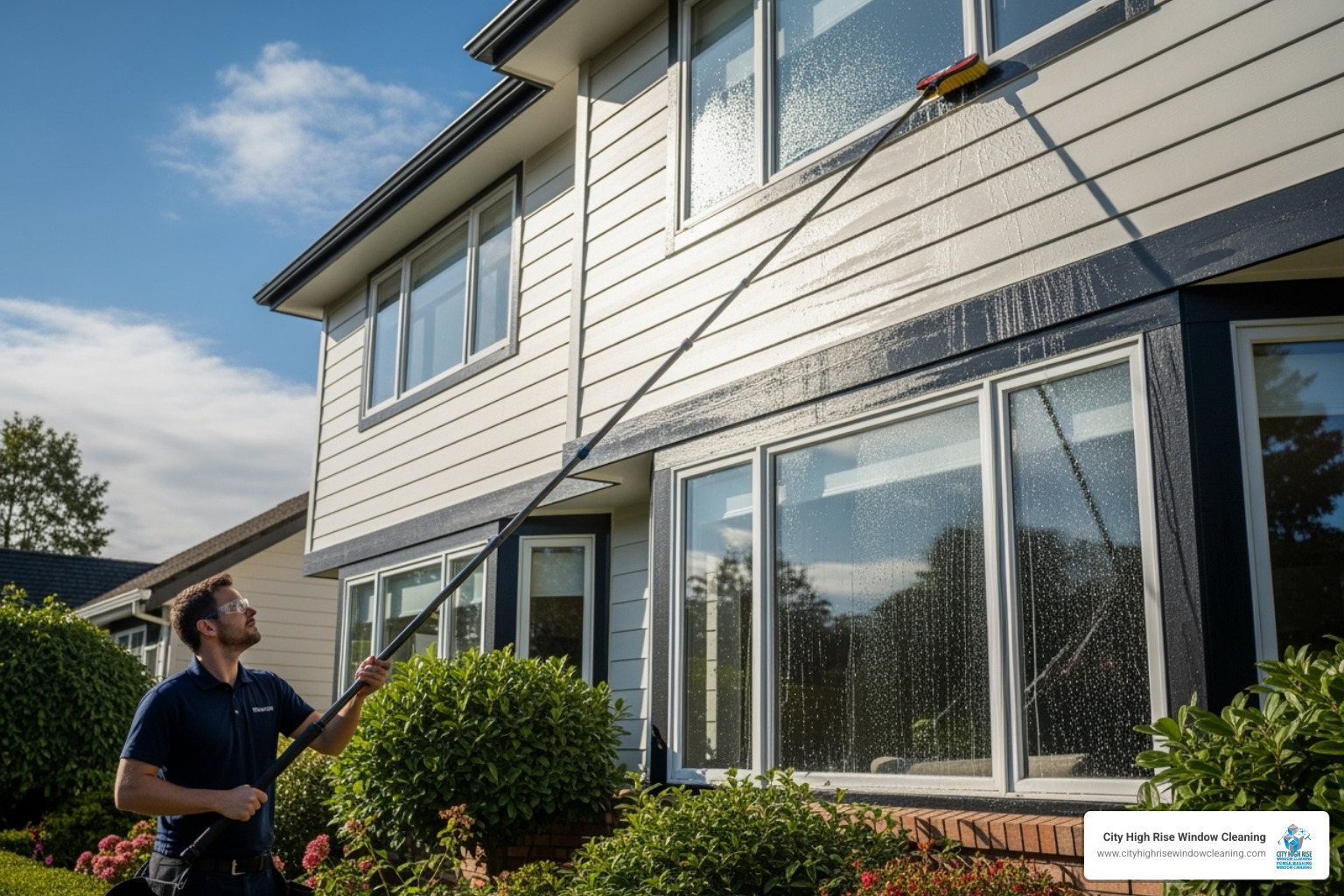 Professional cleaner using a pure water-fed pole system on a residential exterior. - window cleaning services long island Professional cleaner using a pure water-fed pole system on a residential exterior. - window cleaning services long island