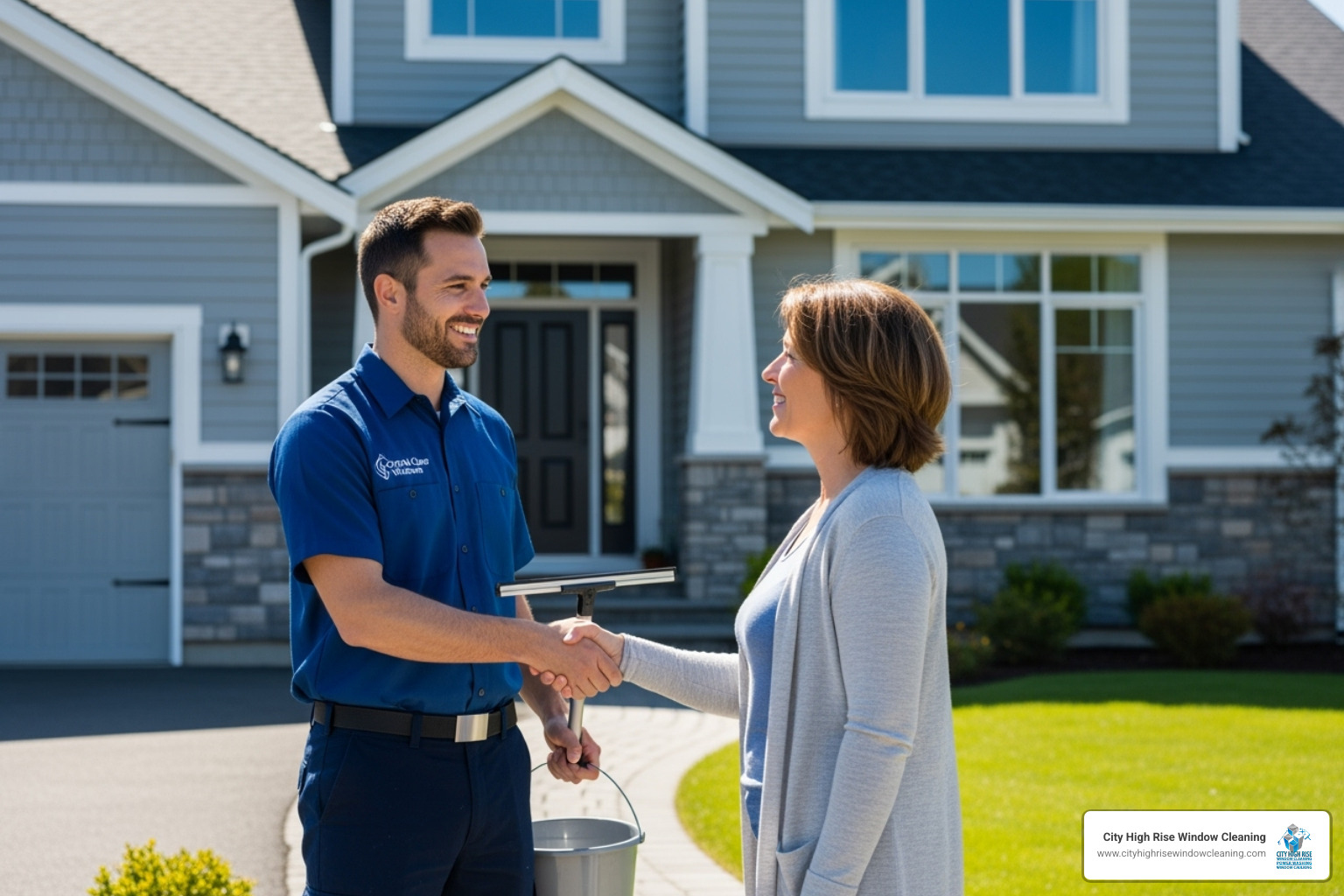 Friendly window cleaner shaking hands with a happy customer. - window cleaning services long island Friendly window cleaner shaking hands with a happy customer. - window cleaning services long island