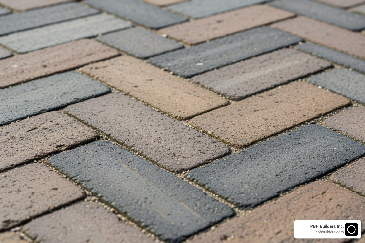 close-up shot detailing the V-shape of a herringbone layout - herringbone paver pattern