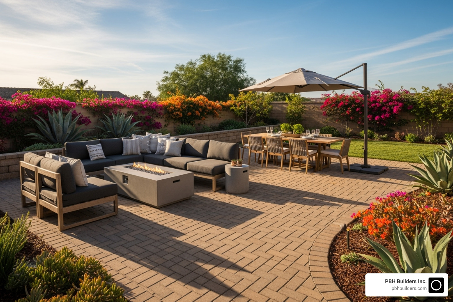 a stunning, professionally installed herringbone paver patio in a San Diego backyard - herringbone paver pattern