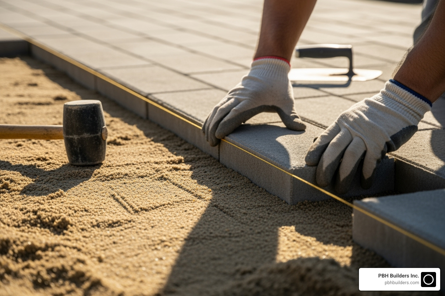a professional installer using a string line to guide paver placement - herringbone paver pattern