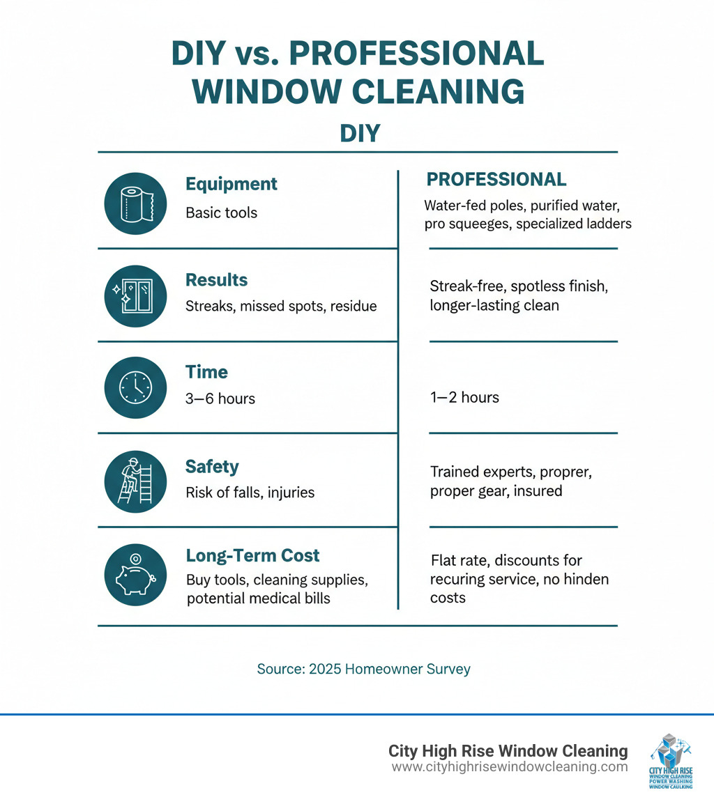 Table comparing DIY and Professional Window Cleaning across various features: Equipment, Results, Time, Safety, and Long-Term Cost - home window cleaning services near me infographic Table comparing DIY and Professional Window Cleaning across various features: Equipment, Results, Time, Safety, and Long-Term Cost - home window cleaning services near me infographic