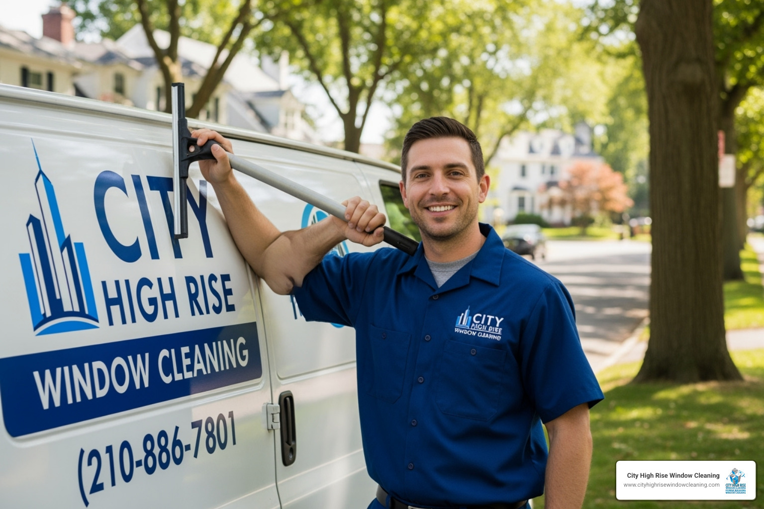 Friendly, uniformed City High Rise Window Cleaning technician by branded van in Westchester - home window cleaning services near me Friendly, uniformed City High Rise Window Cleaning technician by branded van in Westchester - home window cleaning services near me