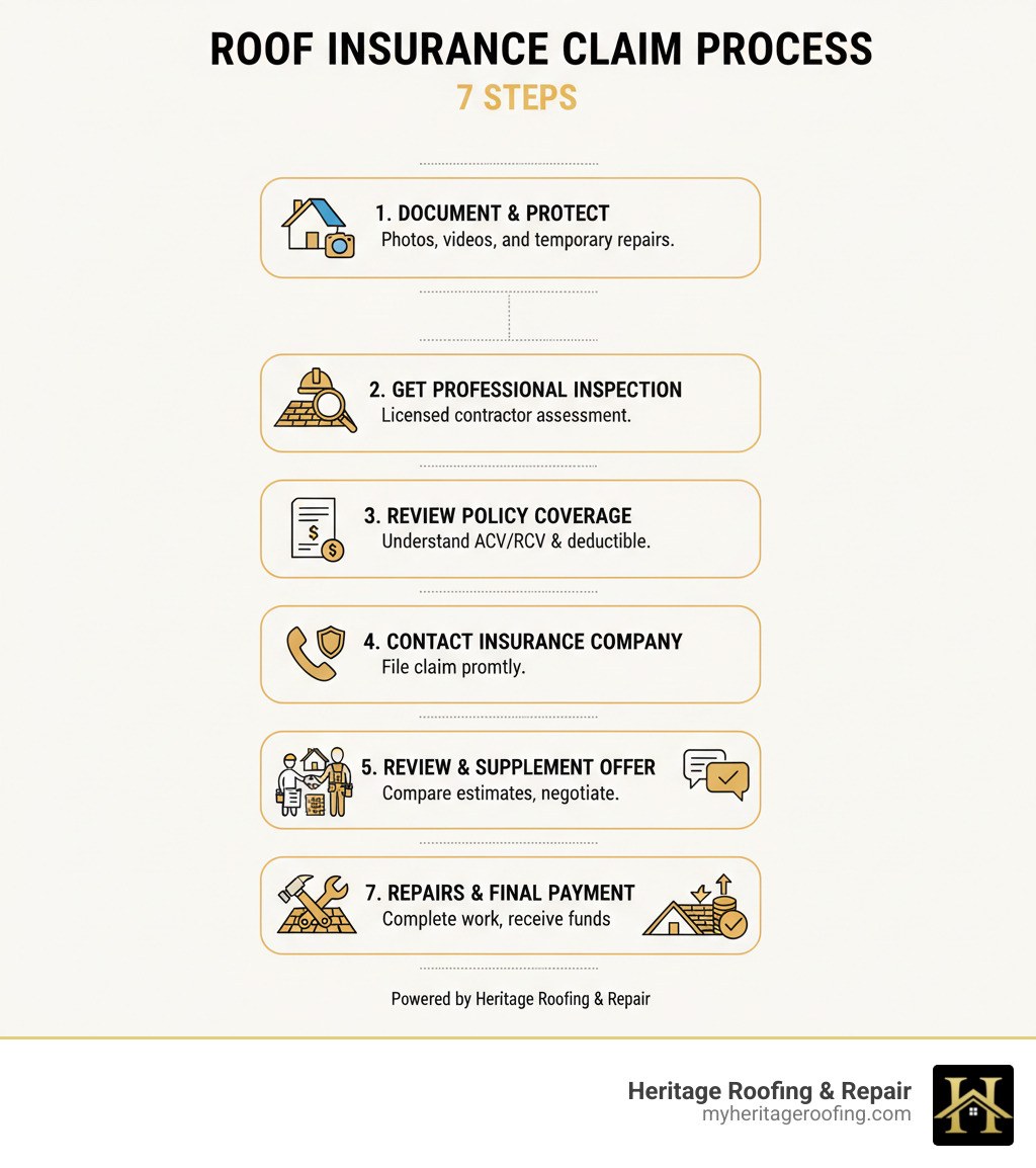 Infographic showing 7 steps of roof insurance claim process: 1. Prevent Further Damage and Document, 2. Get Professional Inspection, 3. Review Your Policy Coverage, 4. Contact Insurance Company, 5. Meet with Adjuster and Contractor, 6. Review Settlement Offer and Supplement if Needed, 7. Complete Repairs and Receive Final Payment - filing a homeowners insurance claim for roof damage infographic Infographic showing 7 steps of roof insurance claim process: 1. Prevent Further Damage and Document, 2. Get Professional Inspection, 3. Review Your Policy Coverage, 4. Contact Insurance Company, 5. Meet with Adjuster and Contractor, 6. Review Settlement Offer and Supplement if Needed, 7. Complete Repairs and Receive Final Payment - filing a homeowners insurance claim for roof damage infographic