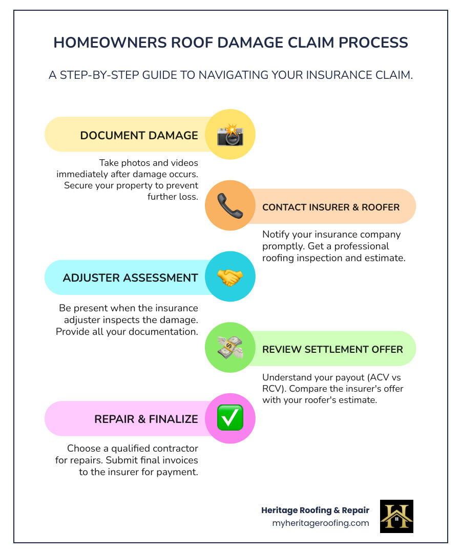 Infographic showing the homeowners insurance roof damage claims process: 1) Document damage with photos and videos, 2) Contact insurer within 30-60 days to file claim, 3) Schedule professional roof inspection, 4) Meet with insurance adjuster during assessment, 5) Review settlement offer comparing ACV vs RCV payout, 6) Hire licensed contractor for repairs, 7) Submit final invoices for payment. Side panel shows covered perils (wind, hail, fire, falling objects, lightning) vs excluded damage (wear and tear, neglect, poor maintenance, pest damage, old age). Bottom section displays typical costs: average repair $1,147, average replacement $11,500, common deductibles $500-$2,000. - homeowners insurance roof damage infographic infographic-line-5-steps-colors Infographic showing the homeowners insurance roof damage claims process: 1) Document damage with photos and videos, 2) Contact insurer within 30-60 days to file claim, 3) Schedule professional roof inspection, 4) Meet with insurance adjuster during assessment, 5) Review settlement offer comparing ACV vs RCV payout, 6) Hire licensed contractor for repairs, 7) Submit final invoices for payment. Side panel shows covered perils (wind, hail, fire, falling objects, lightning) vs excluded damage (wear and tear, neglect, poor maintenance, pest damage, old age). Bottom section displays typical costs: average repair $1,147, average replacement $11,500, common deductibles $500-$2,000. - homeowners insurance roof damage infographic infographic-line-5-steps-colors