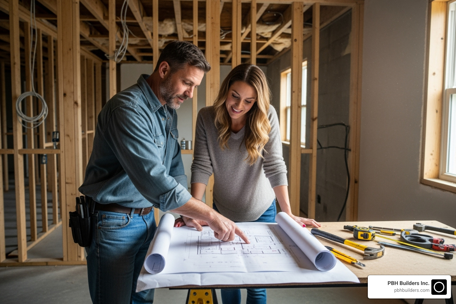 contractor and homeowner reviewing blueprints in a kitchen under construction - Kitchen remodel planning guide contractor and homeowner reviewing blueprints in a kitchen under construction - Kitchen remodel planning guide