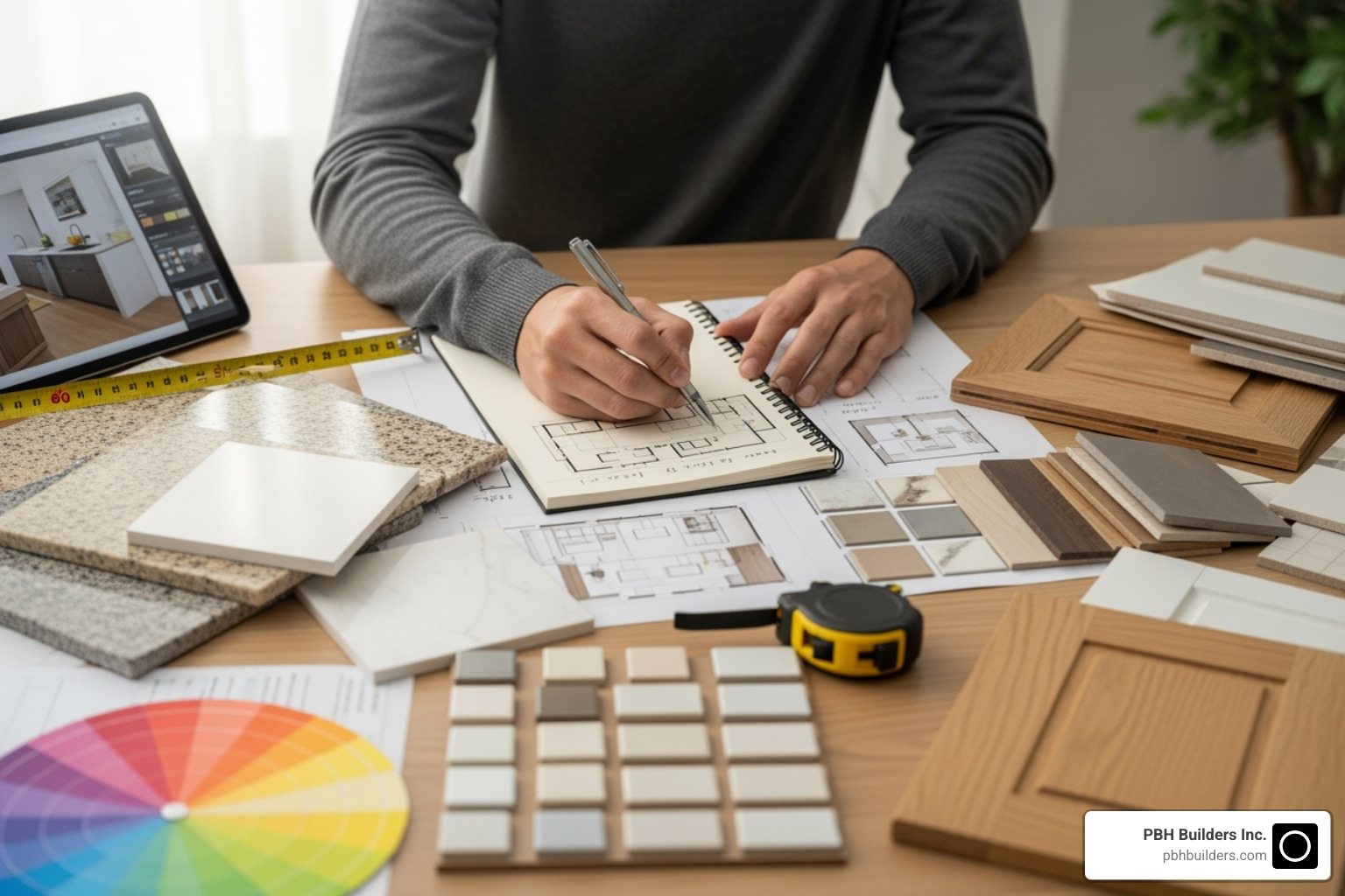 person sketching kitchen ideas on a notepad with material samples nearby - Kitchen remodel planning guide person sketching kitchen ideas on a notepad with material samples nearby - Kitchen remodel planning guide