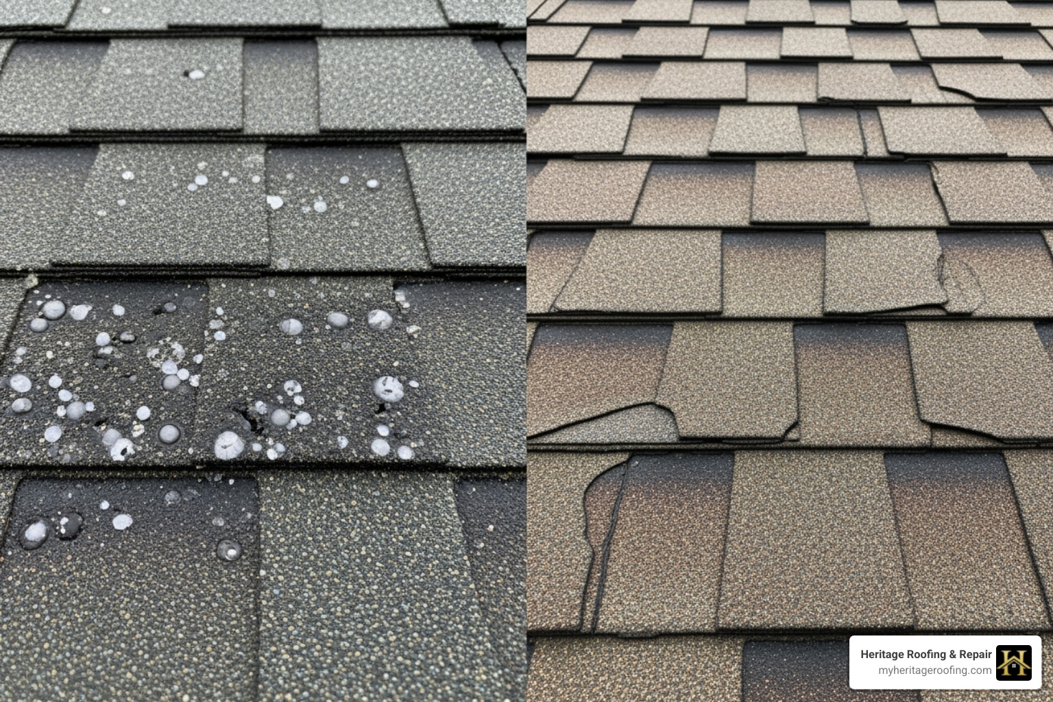 clear hail damage on a shingle next to an image of old, curling shingles labeled "Wear & Tear" - should i file an insurance claim for my roof clear hail damage on a shingle next to an image of old, curling shingles labeled "Wear & Tear" - should i file an insurance claim for my roof