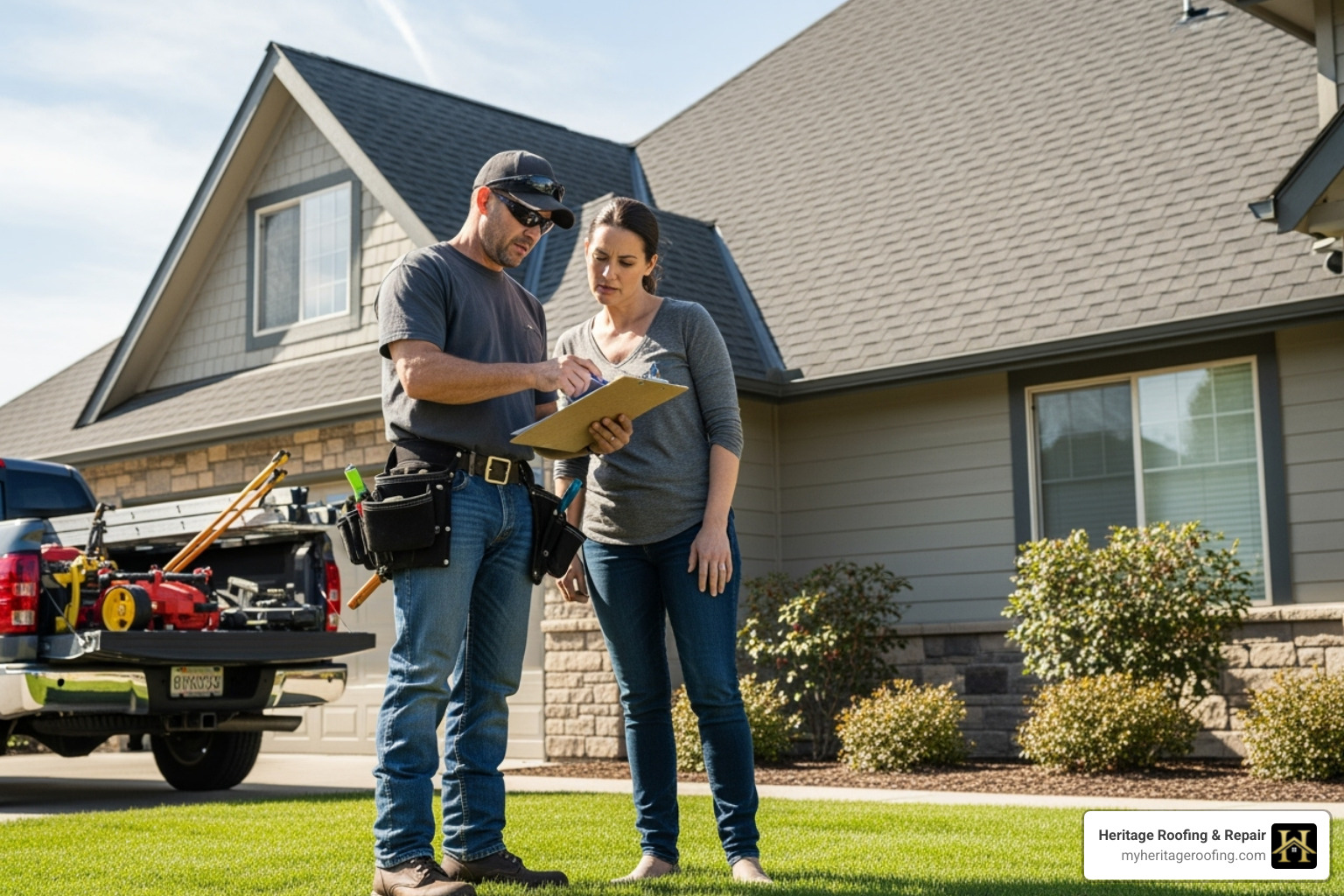roofer and homeowner reviewing a clipboard on the ground with the roof in the background - should i file an insurance claim for my roof roofer and homeowner reviewing a clipboard on the ground with the roof in the background - should i file an insurance claim for my roof