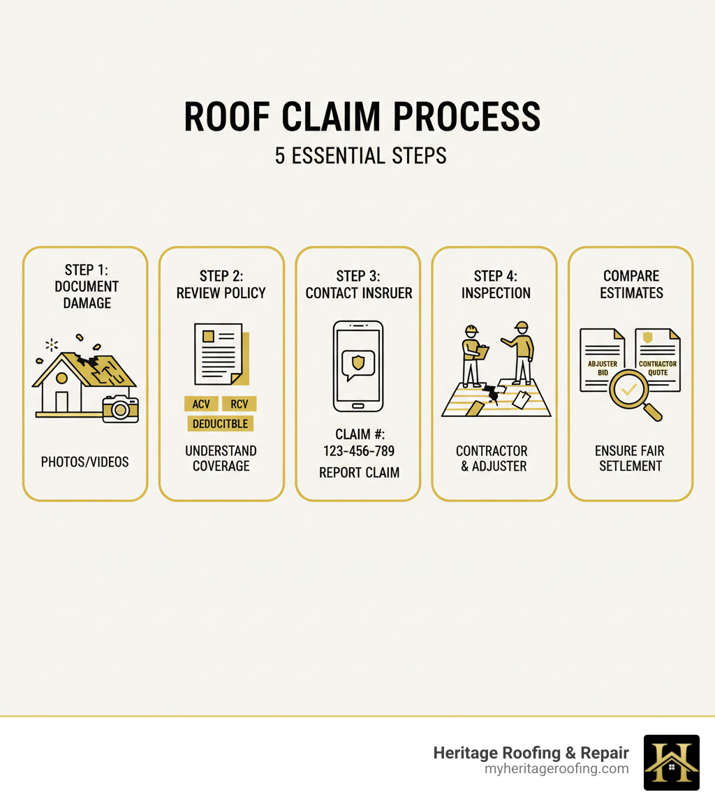 Infographic showing the 5-step process for filing a roof replacement insurance claim: Step 1 shows a house with storm damage and a camera icon for documentation; Step 2 displays an insurance policy document with key terms highlighted (ACV, RCV, deductible); Step 3 features a phone with the insurance company logo and a claim number; Step 4 illustrates a roofing contractor and insurance adjuster inspecting a damaged roof together; Step 5 shows two estimate documents side-by-side being compared with a magnifying glass - how to file roof replacement insurance claim with adjuster infographic Infographic showing the 5-step process for filing a roof replacement insurance claim: Step 1 shows a house with storm damage and a camera icon for documentation; Step 2 displays an insurance policy document with key terms highlighted (ACV, RCV, deductible); Step 3 features a phone with the insurance company logo and a claim number; Step 4 illustrates a roofing contractor and insurance adjuster inspecting a damaged roof together; Step 5 shows two estimate documents side-by-side being compared with a magnifying glass - how to file roof replacement insurance claim with adjuster infographic
