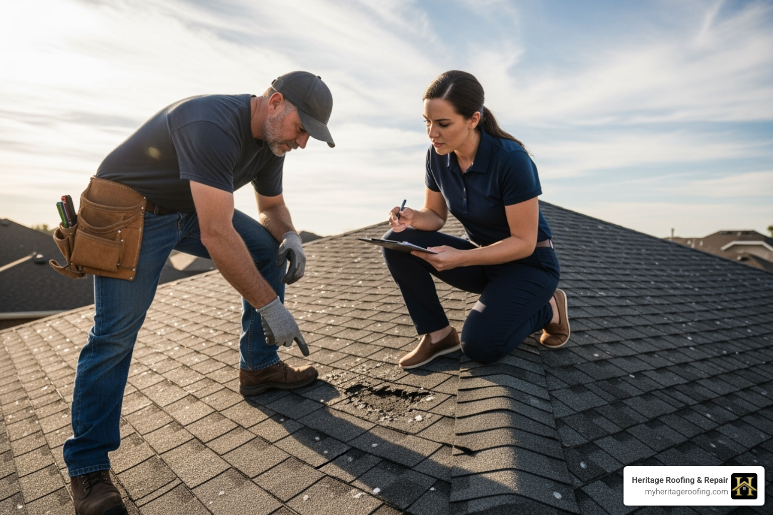a professional roofer pointing out hail damage on a shingle to an insurance adjuster - how to file roof replacement insurance claim with adjuster a professional roofer pointing out hail damage on a shingle to an insurance adjuster - how to file roof replacement insurance claim with adjuster