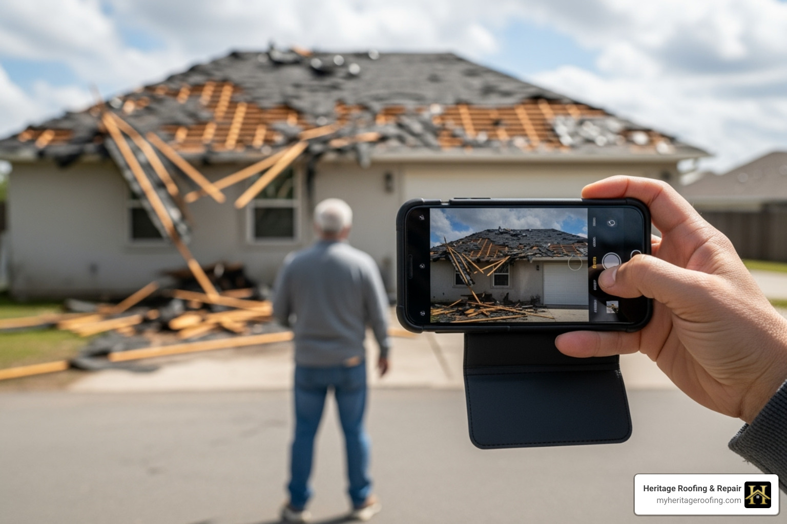 a person on the ground safely taking photos of roof damage with a smartphone - how to file roof replacement insurance claim with adjuster a person on the ground safely taking photos of roof damage with a smartphone - how to file roof replacement insurance claim with adjuster