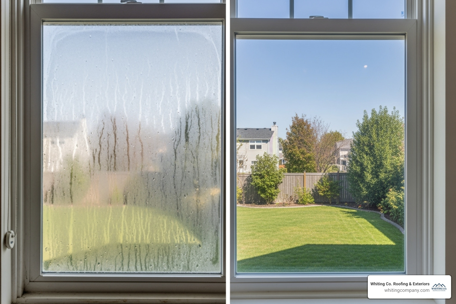A foggy, condensed window pane next to a clear, new one, illustrating the difference between old and new windows. - window installation Columbia