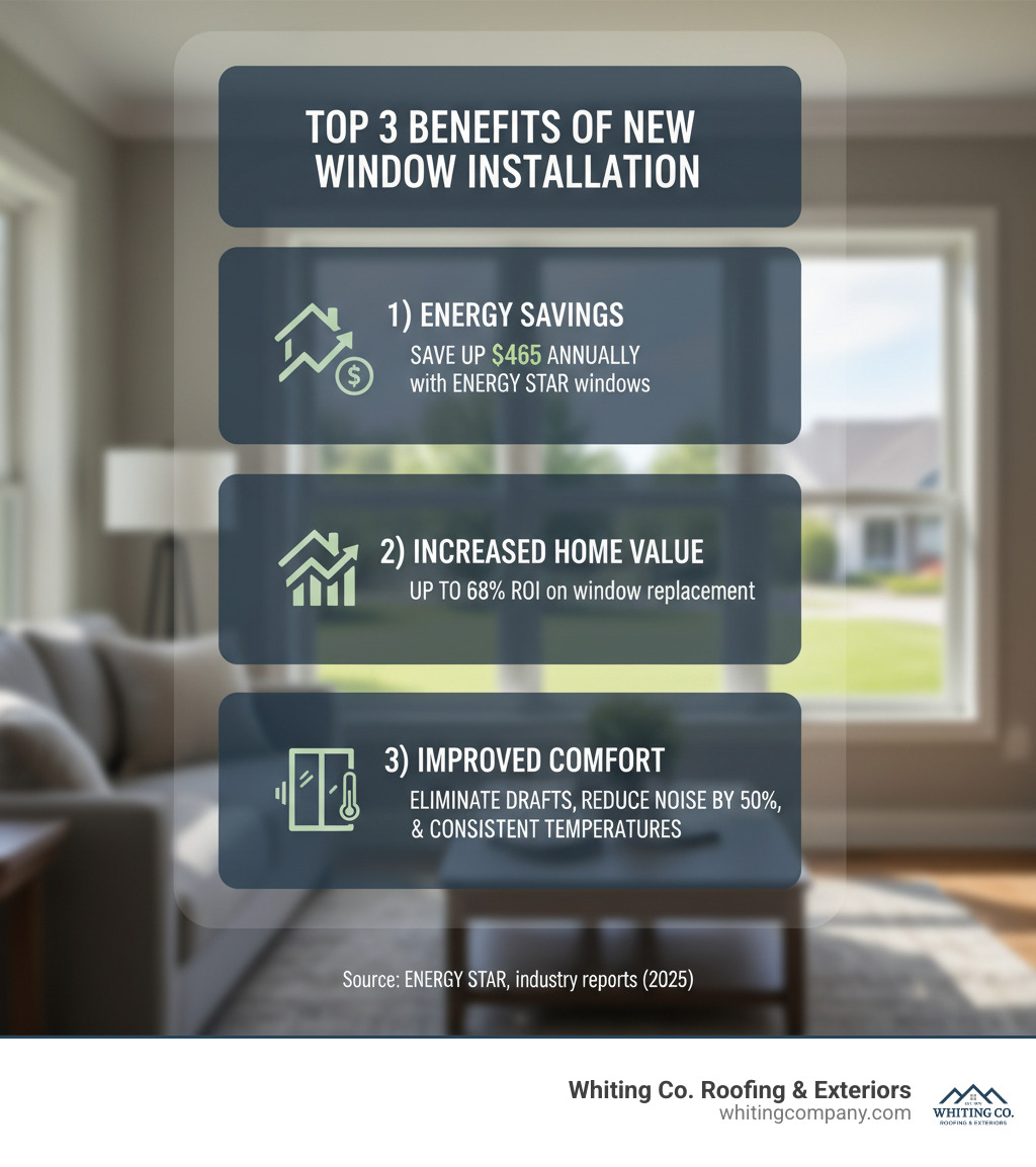 Infographic showing the top 3 benefits of new window installation: 1) Energy Savings - Save up to $465 annually on energy costs with ENERGY STAR windows, 2) Increased Home Value - Achieve up to 68% ROI on window replacement projects, 3) Improved Comfort - Eliminate drafts, reduce outside noise by up to 50%, and maintain consistent indoor temperatures year-round - window installation Columbia infographic 