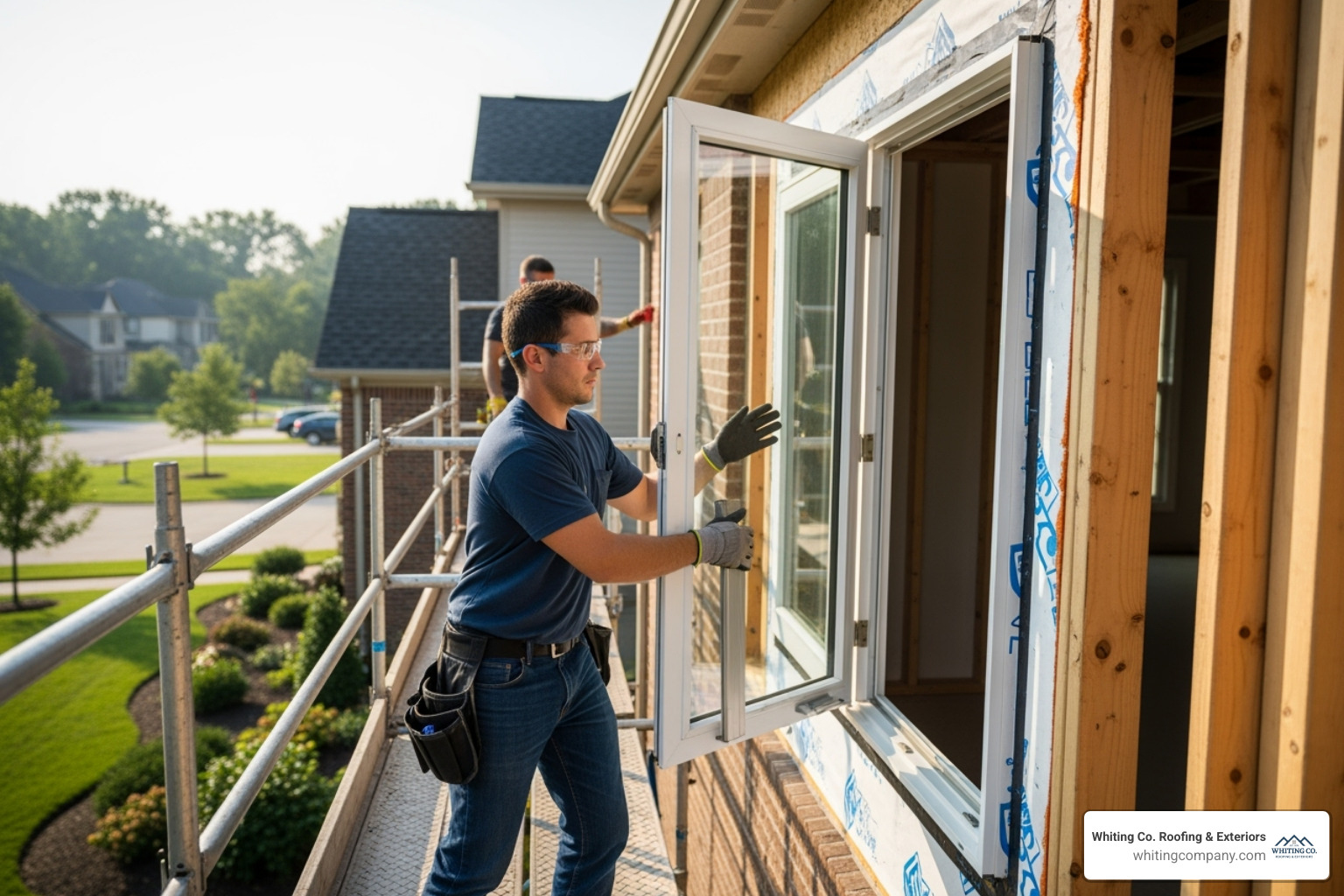 A professional window installer carefully placing a new window into a prepared opening, emphasizing precision and safety. - window installation Columbia