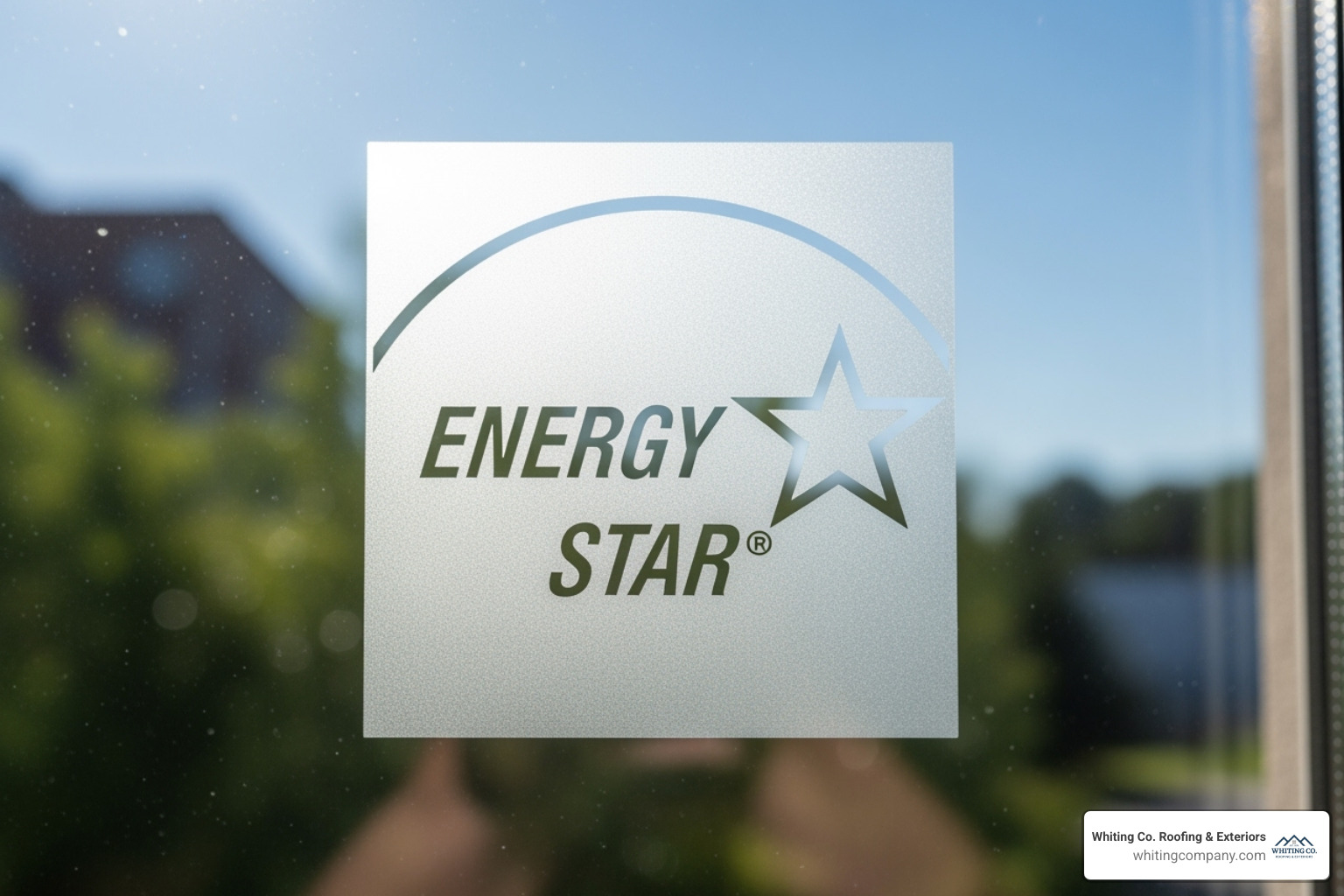 An ENERGY STAR label prominently displayed on a window pane, indicating energy efficiency. - window installation Columbia