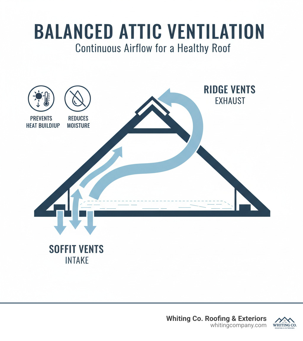 infographic illustrating balanced attic ventilation system with soffit vents for intake and ridge vents for exhaust, showing airflow path - asphalt shingle roof installation infographic 