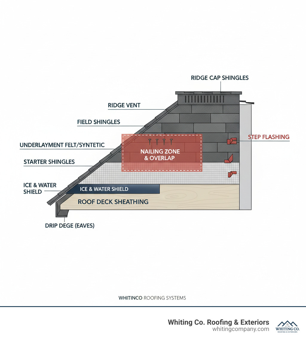 detailed cross-section infographic showing layers of asphalt shingle roofing system from bottom to top: roof deck sheathing, ice and water shield at eaves, underlayment felt or synthetic, drip edge at eaves and rakes, starter shingles, field shingles with proper overlap and nailing zone highlighted, step flashing at walls, ridge vent, and ridge cap shingles - asphalt shingle roof installation infographic 