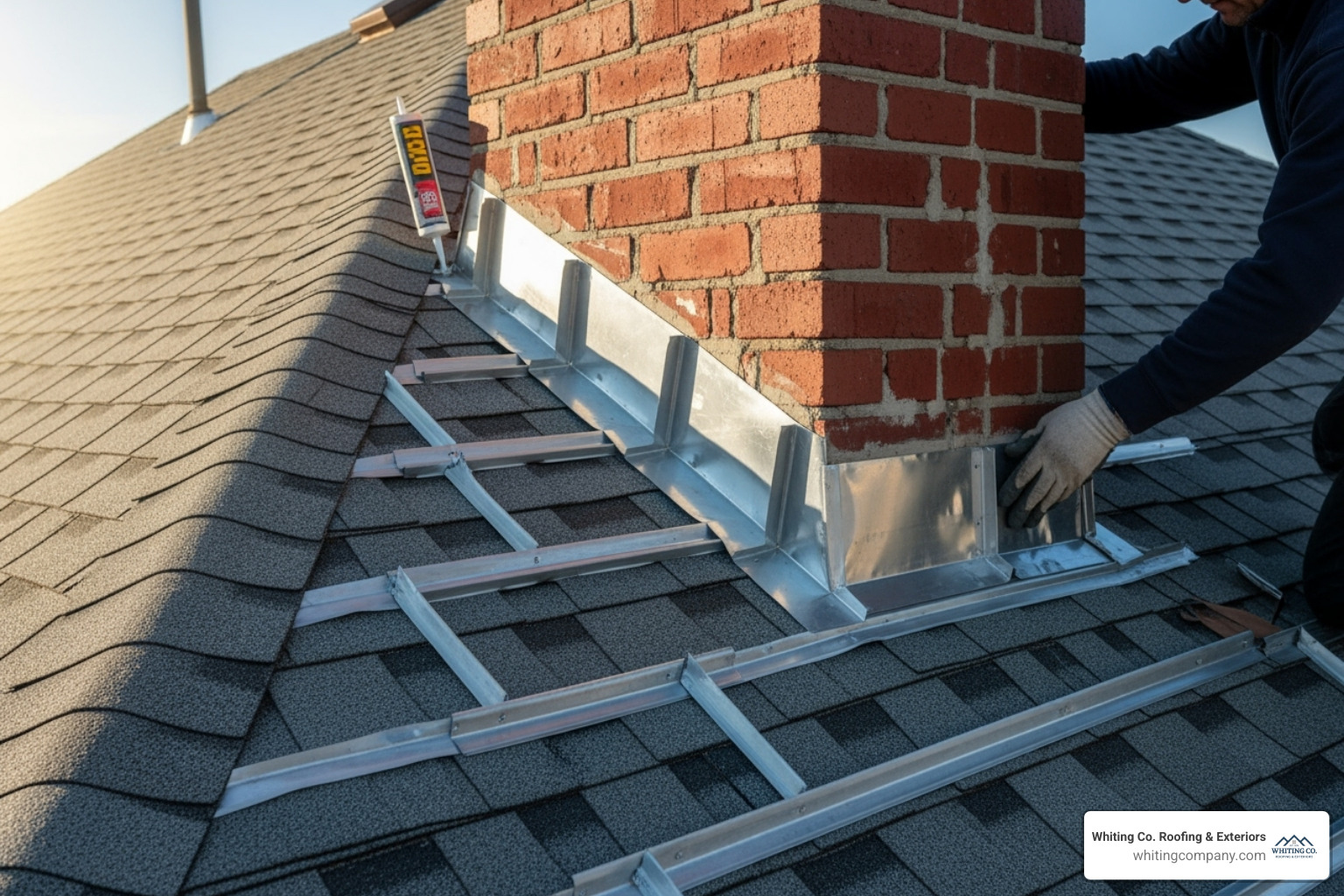 step flashing woven into shingles along a chimney wall - asphalt shingle roof installation