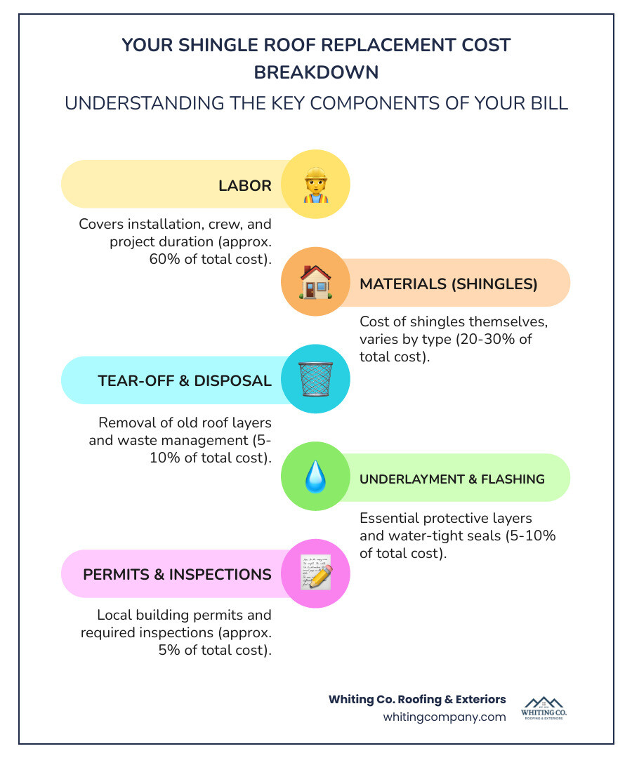 infographic breaking down shingle roof replacement cost components: 60% labor, 20-30% materials (shingles), 5-10% tear-off and disposal, 5-10% underlayment and flashing, 5% permits and inspections - Shingle roof replacement cost infographic infographic-line-5-steps-colors