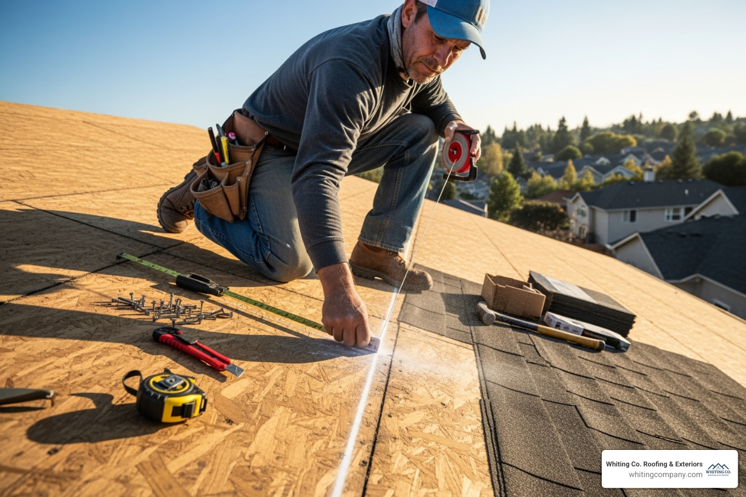 chalk line snapped for the first course of shingles - asphalt shingle roof installation