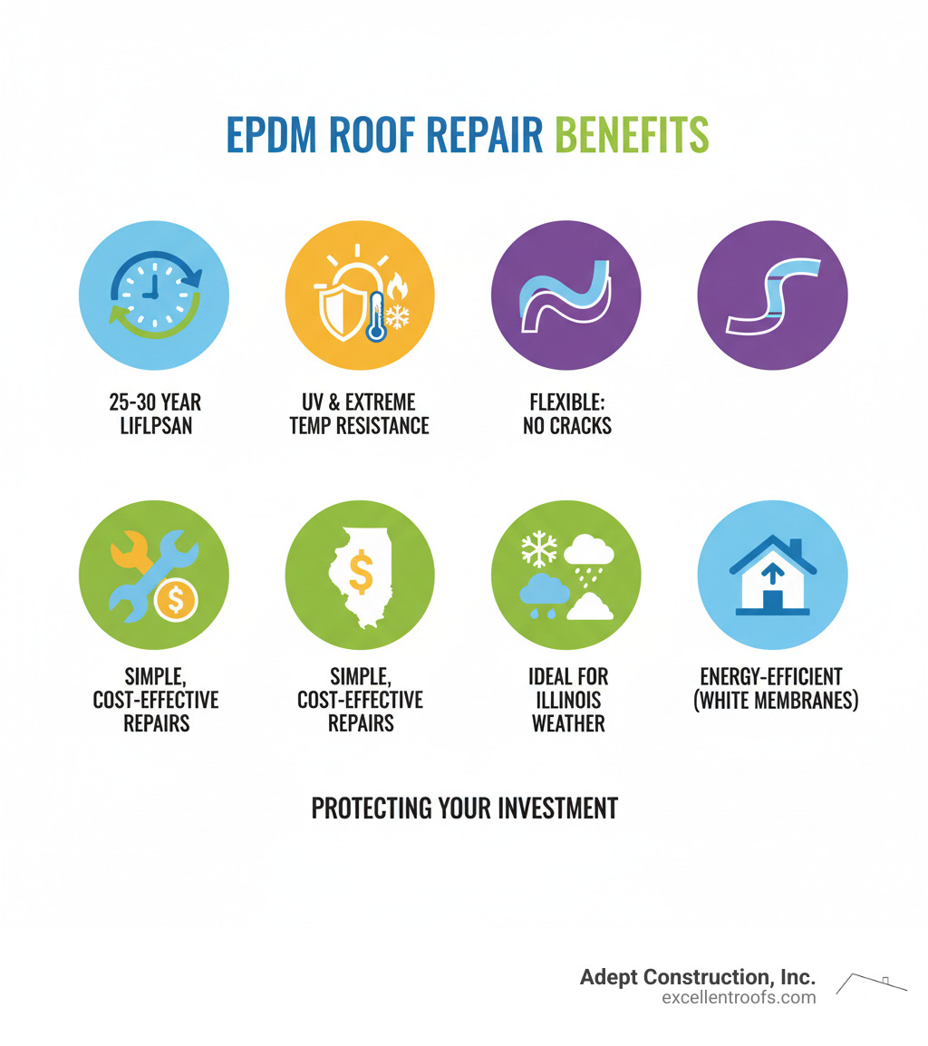 Infographic showing EPDM roof repair benefits: 25-30 year lifespan with proper maintenance, resistance to UV rays and extreme temperatures, flexible in hot and cold weather preventing cracks, simple and cost-effective repairs, ideal for Illinois freeze-thaw cycles and heavy snow, energy-efficient options with white reflective membranes - EPDM roof repair Illinois infographic 