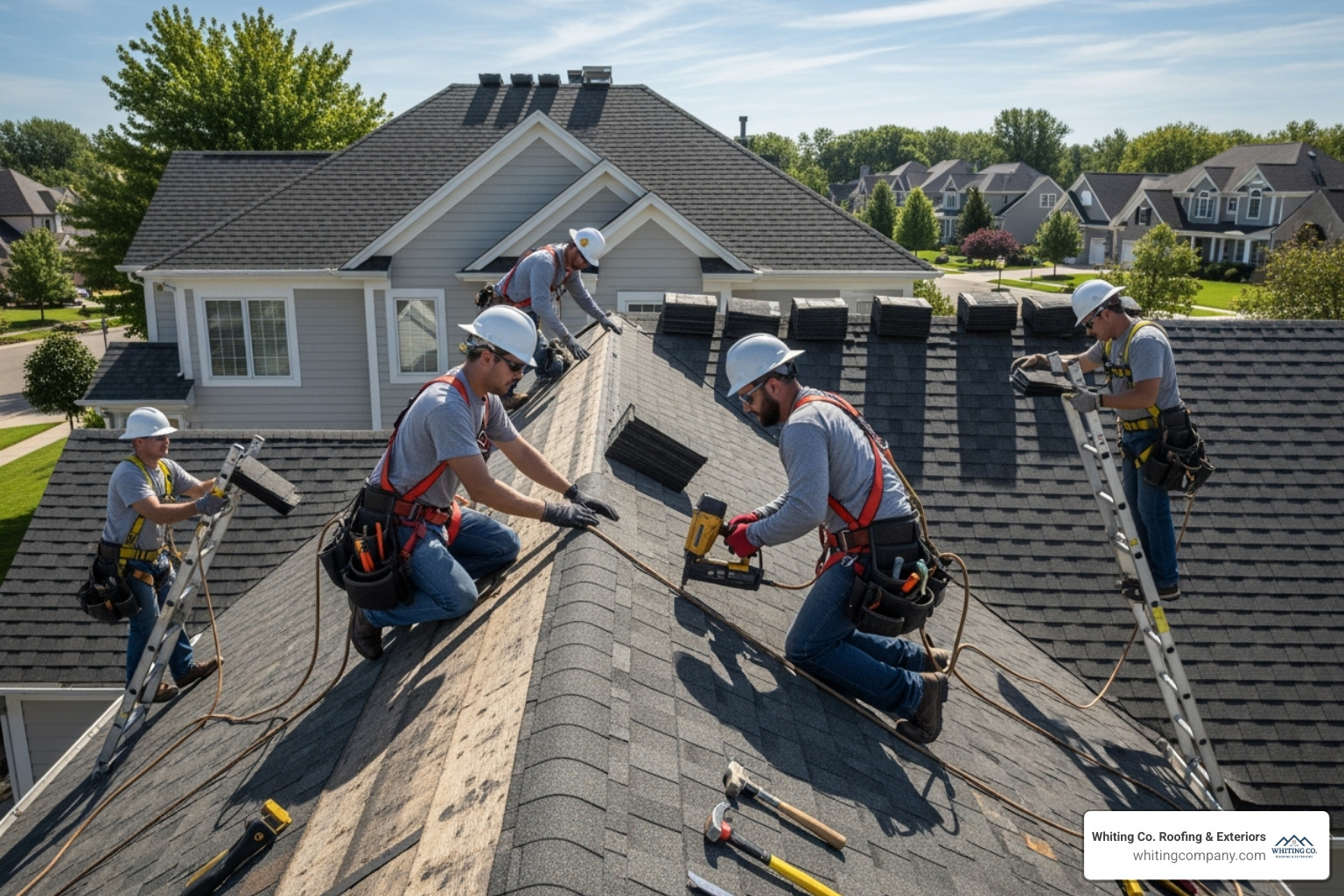 professional roofers safely working on a pitched roof - Shingle roof replacement cost