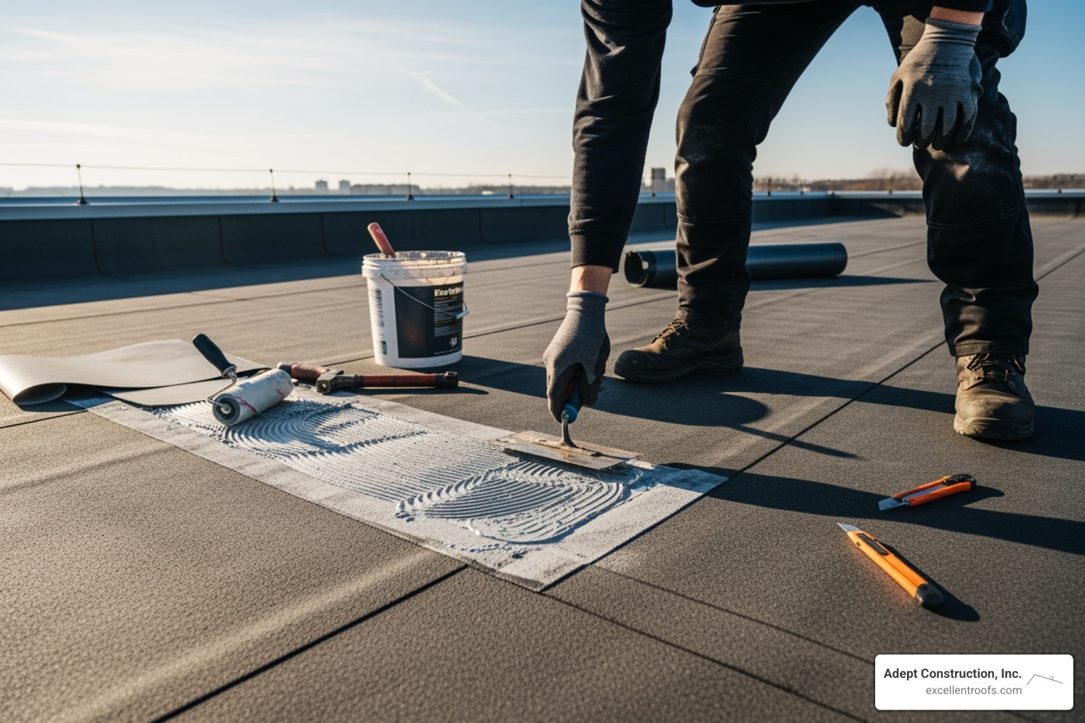 Professional roofer performing an EPDM patch repair - EPDM roof repair Illinois