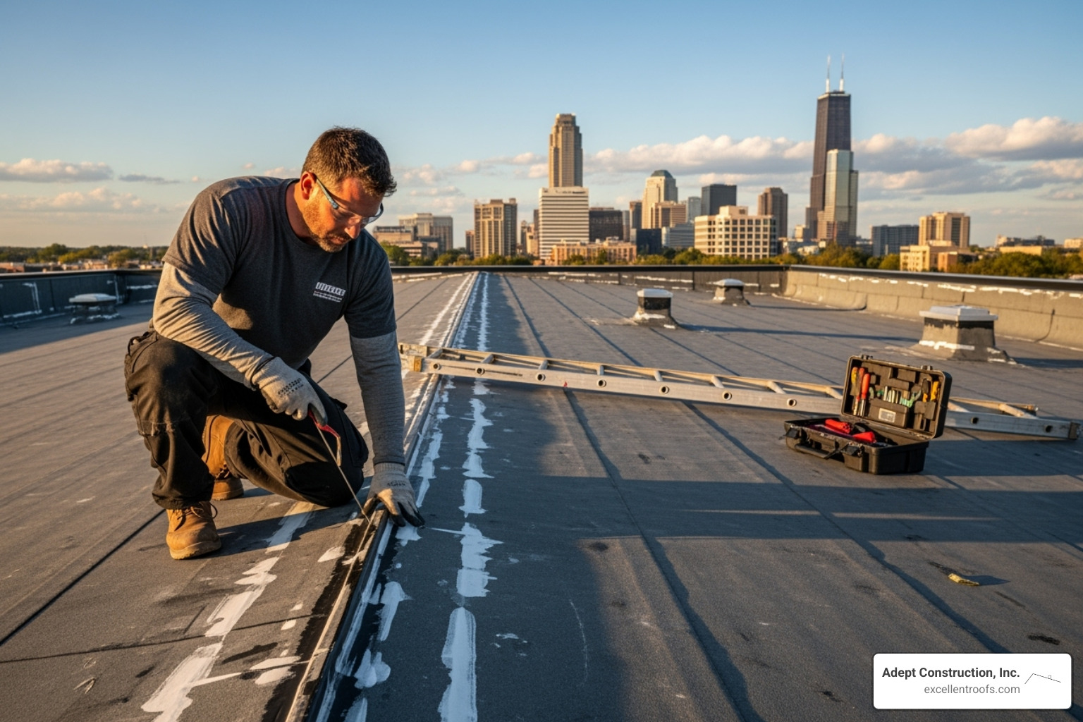 Roofing contractor inspecting commercial roof in Naperville - EPDM roof repair Illinois