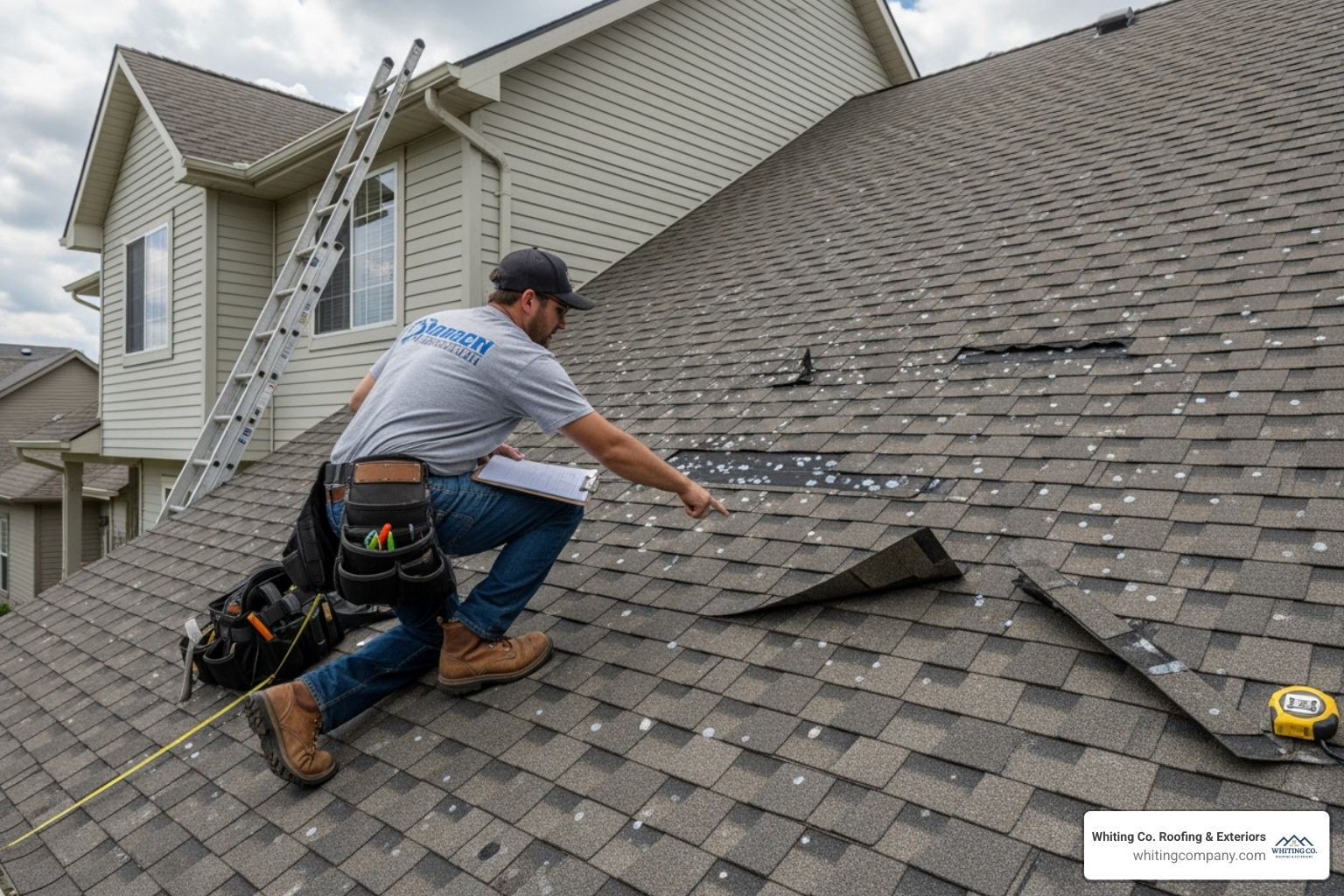 roofer inspecting hail damage on asphalt shingles - total roof services