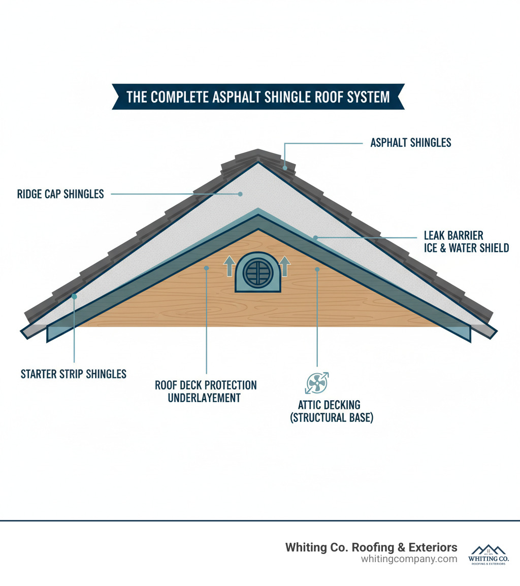 Infographic showing the complete asphalt shingle roofing system with labeled components: Ridge cap shingles at the peak, asphalt shingles as the visible layer, starter strip shingles at the eaves, roof deck protection underlayment, leak barrier ice and water shield in vulnerable areas, attic ventilation for airflow, and roof decking as the structural base - asphalt shingle roofers infographic 