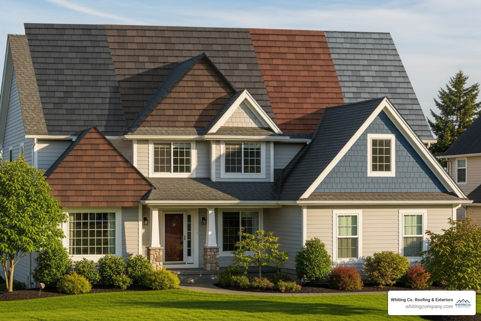 Home with several shingle color swatches digitally imposed on the roof - asphalt shingle roofers