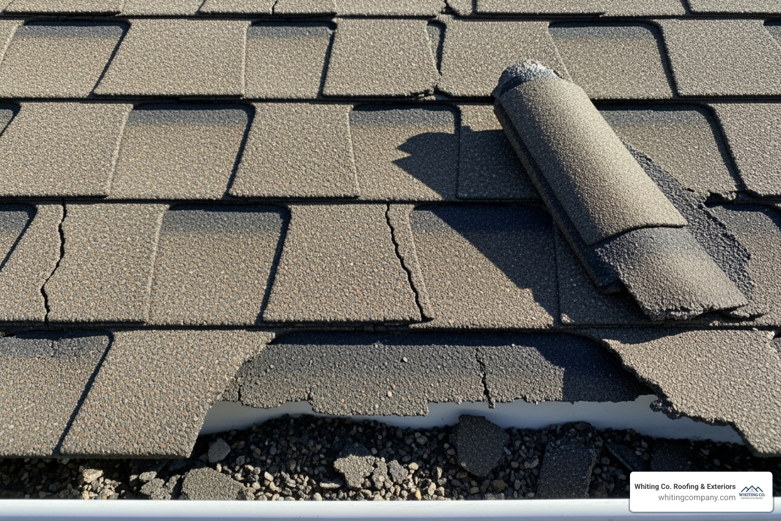 Damaged roof showing curling shingles and granule loss - asphalt shingle roofers