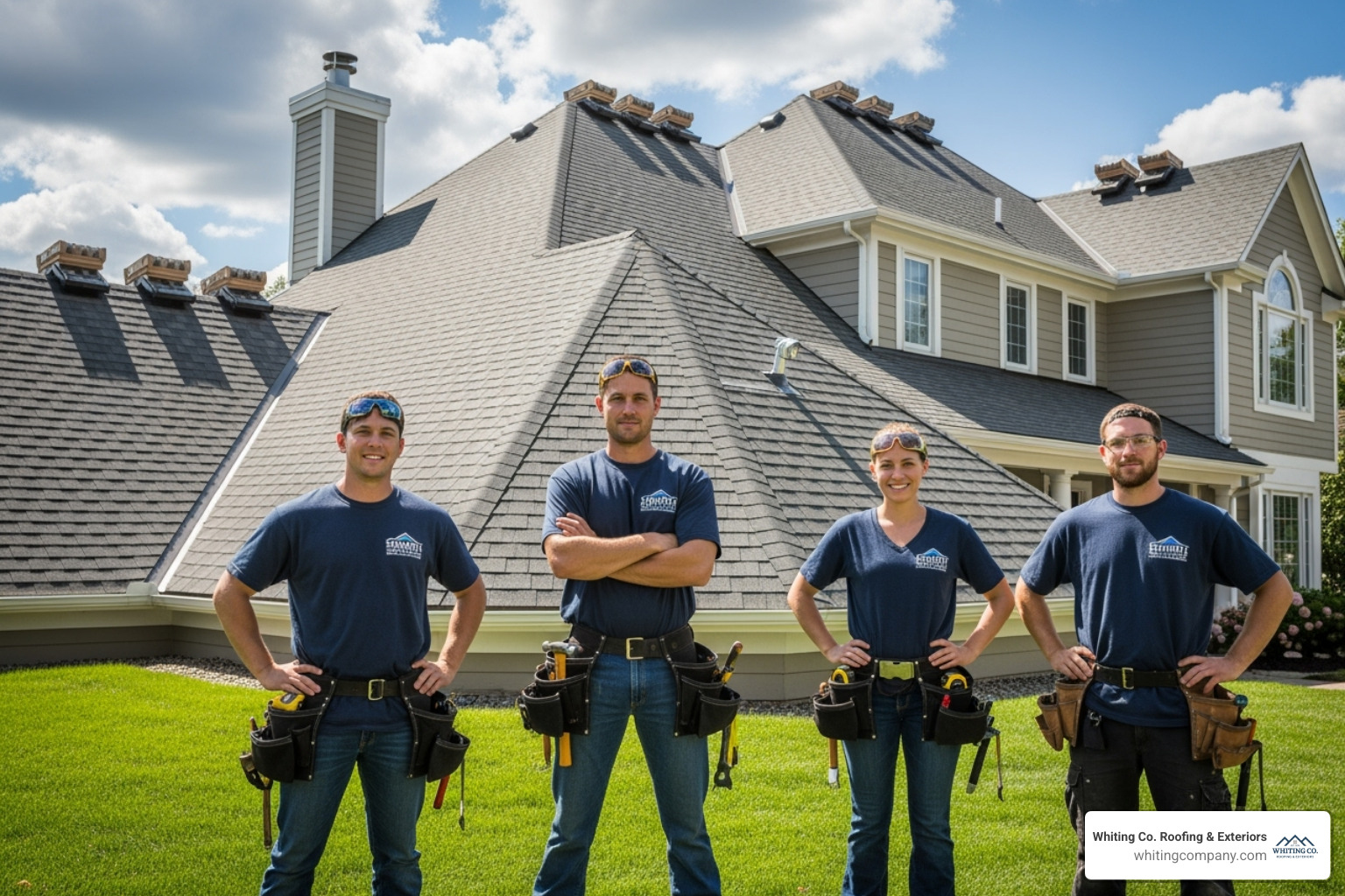 The Whiting Co. team standing proudly in front of a completed roofing project - asphalt shingle roofers