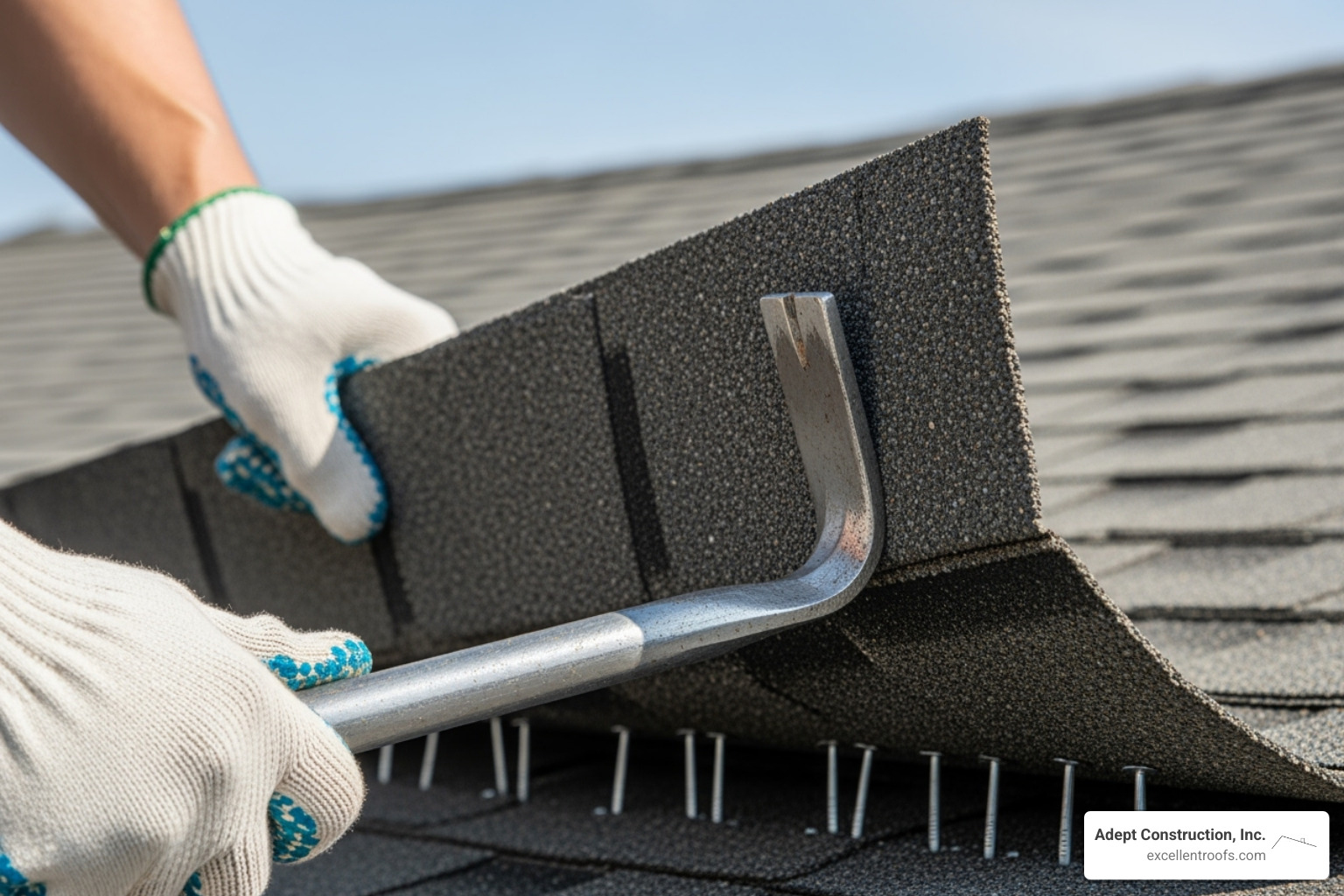 process of using a pry bar to lift a shingle and remove nails - asphalt roof leak repair