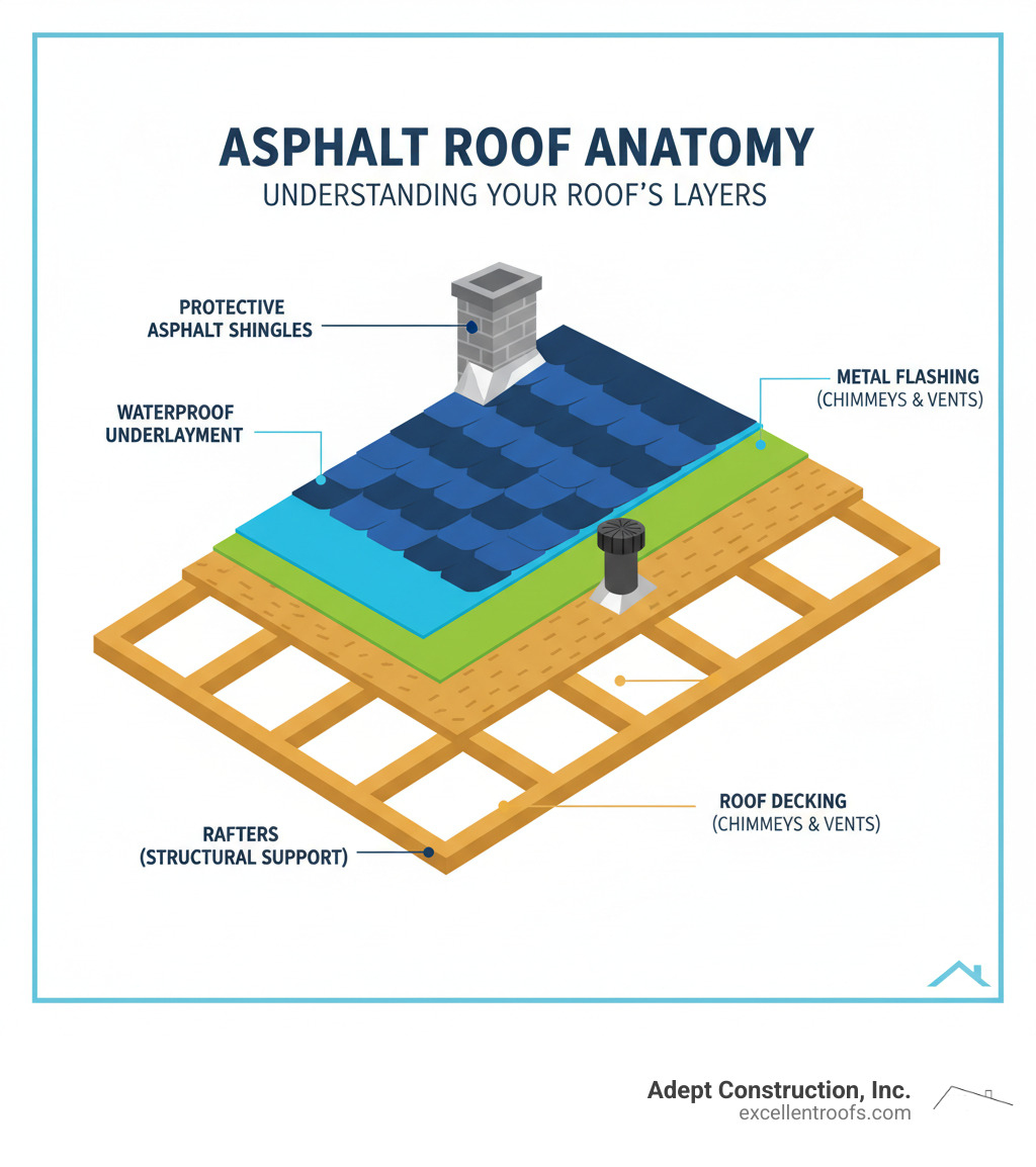 Infographic showing the anatomy of an asphalt shingle roof with labeled layers: protective asphalt shingles on top, waterproof underlayment beneath, roof decking or sheathing, metal flashing around penetrations like chimneys and vents, and rafters providing structural support - asphalt roof leak repair infographic 