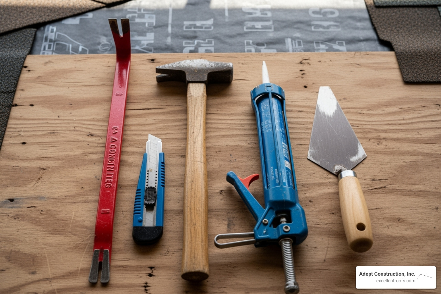 essential roof repair tools: pry bar, hammer, utility knife, caulking gun, and trowel - asphalt roof leak repair
