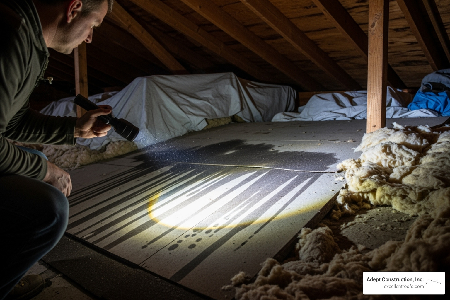 person in an attic shining a flashlight on wet roof decking - asphalt roof leak repair