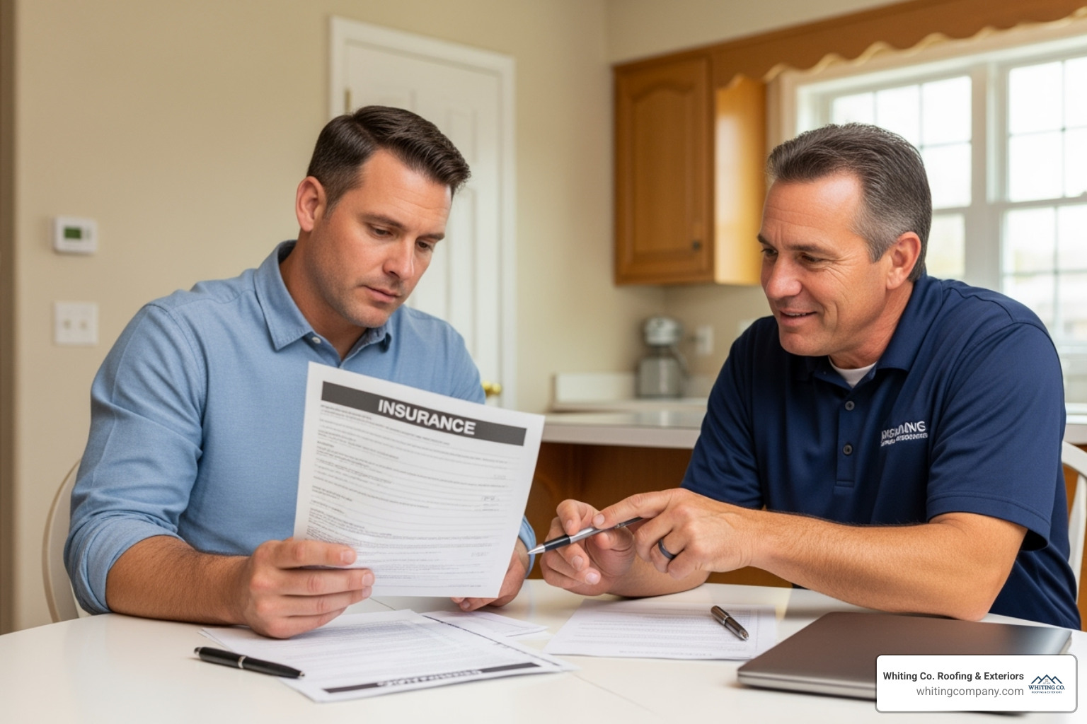 homeowner reviewing an insurance document with a roofing contractor - shingle roof repair cost