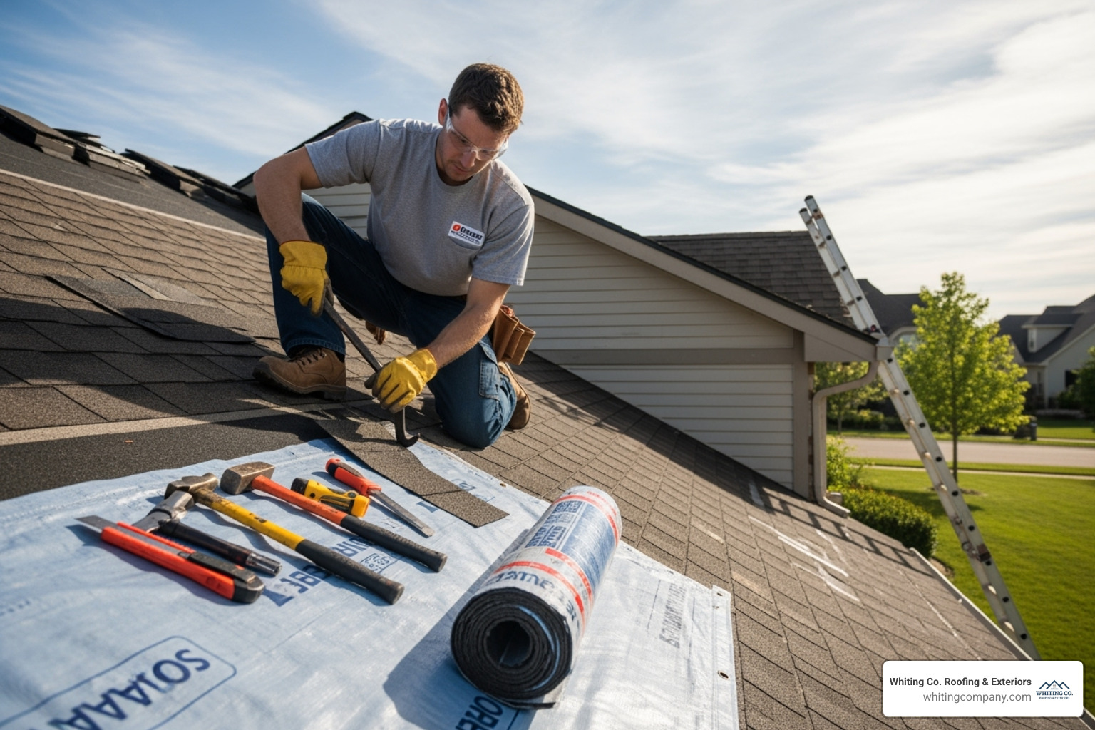 certified roofer replacing damaged asphalt shingles - shingle roof repair cost