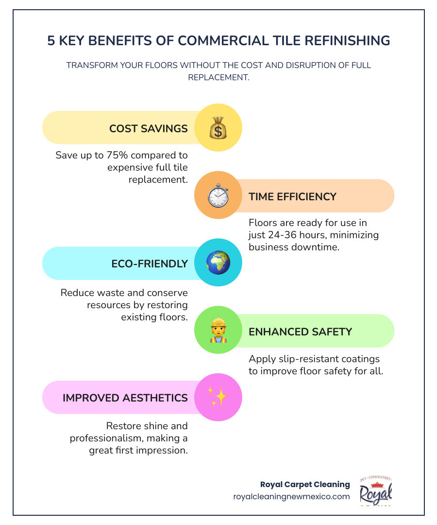 Infographic comparing the top 5 benefits of refinishing versus replacement: Cost Savings showing 50-75% less expensive, Time Savings showing 2-3 days versus 2-3 weeks, Eco-Friendly showing reduced waste and resource conservation, Improved Safety showing slip-resistant coating options, and Improved Aesthetics showing restored shine and professional appearance - commercial tile floor refinishing infographic